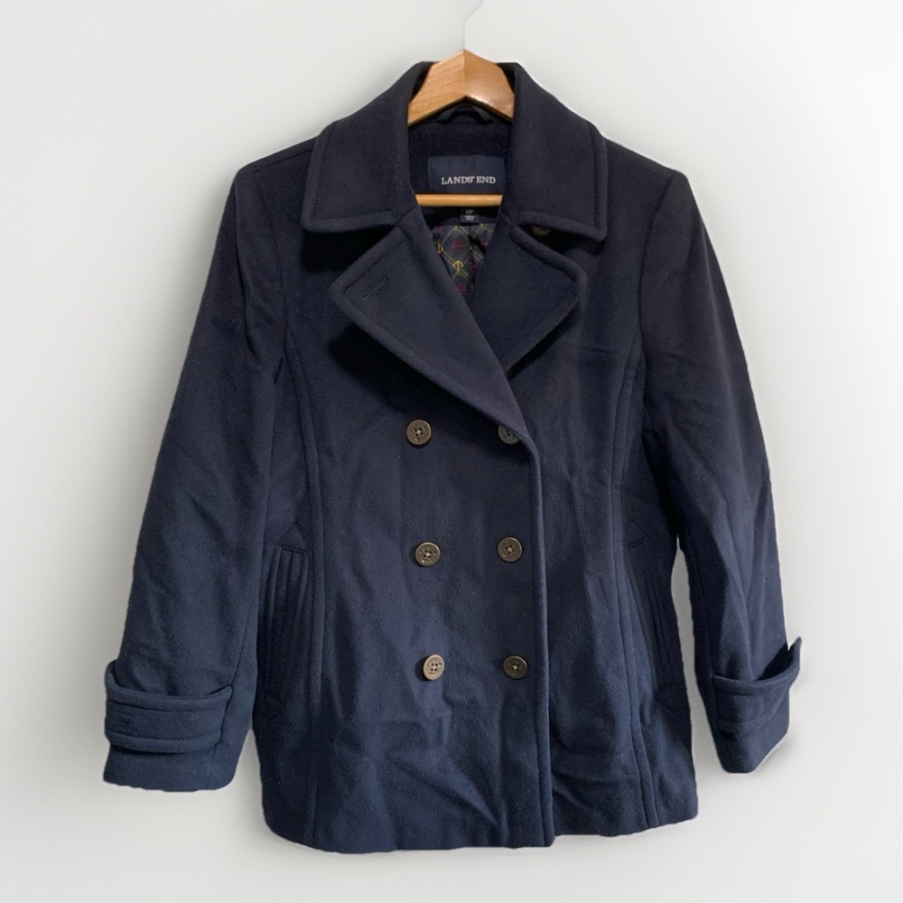 Lands End Wool Pea Coat 12P Navy Blue Nautical Classic Preppy Academia Timeless